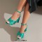 Peep Toe Snake Print Chunky Heels Knotted Ankle Buckle Straps Sandals - Green Faux Leather