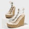 Peep Toe Ankle Buckle Straps Platforms Wedges Rhinestones Cork Summer Sandals - Gold PVC