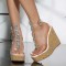 Peep Toe Ankle Buckle Straps Platforms Wedges Rhinestones Cork Summer Sandals - Gold PVC