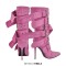 Pointed Toe Stiletto Heels Belt Buckle Straps Side Zipper Ankle Highs Punk Boots - Pink Faux Leather