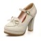 Round Toe Cuban Heels Mary Janes Platforms Bowknot Oxford Loafer Pumps - Beige Faux Leather