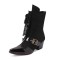 Pointed Toe Patchwork Ankle Highs Lace Up Chunky Heels Printed Fabric Belt Buckle Cowboy Boots - Black Patent