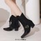 Pointed Toe Patchwork Ankle Highs Lace Up Chunky Heels Printed Fabric Belt Buckle Cowboy Boots - Black Patent
