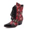 Pointed Toe Patchwork Ankle Highs Lace Up Chunky Heels Printed Fabric Belt Buckle Cowboy Boots - Red Patent