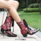 Pointed Toe Patchwork Ankle Highs Lace Up Chunky Heels Printed Fabric Belt Buckle Cowboy Boots - Red Patent