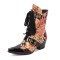 Pointed Toe Patchwork Ankle Highs Lace Up Chunky Heels Printed Fabric Belt Buckle Cowboy Boots - Yellow Patent
