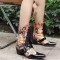 Pointed Toe Patchwork Ankle Highs Lace Up Chunky Heels Printed Fabric Belt Buckle Cowboy Boots - Yellow Patent