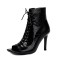 Square Open Toe Lace Up Stiletto Heels Ankle Highs Summer Booties - Black Patent