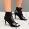 Square Open Toe Lace Up Stiletto Heels Ankle Highs Summer Booties - Black Patent
