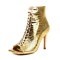 Square Open Toe Lace Up Stiletto Heels Ankle Highs Summer Booties - Gold Patent