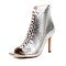 Square Open Toe Lace Up Stiletto Heels Ankle Highs Summer Booties - Silver Patent