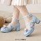Round Toe Ankle Buckle Cross Buckle Straps Bowknot Chunky Heels Lolita Pumps - Blue Patent
