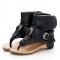 Vintage Style Open Toe Flip Flops KneeHighs Flats Summer Boots Sandals - Black Faux Leather