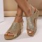 Peep Toe Back Buckle Straps Platforms Wedges Glitters Cork Summer Sandals - Gold Microfiber