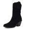 Round Toe Knee High Chunky Heels Western Style Cowboy Slip On Boots - Black Flock