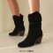 Round Toe Knee High Chunky Heels Western Style Cowboy Slip On Boots - Black Flock