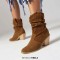 Round Toe Knee High Chunky Heels Western Style Cowboy Slip On Boots - Brown Flock