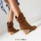 Round Toe Knee High Chunky Heels Western Style Cowboy Slip On Boots - Brown Flock
