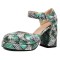 Round Toe Ankle Buckle Straps Chunky Heels Dorsay Snake Print Sandals - Green Faux Leather