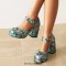 Round Toe Ankle Buckle Straps Chunky Heels Dorsay Snake Print Sandals - Green Faux Leather