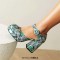 Round Toe Ankle Buckle Straps Chunky Heels Dorsay Snake Print Sandals - Green Faux Leather