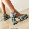 Round Toe Ankle Buckle Straps Chunky Heels Dorsay Snake Print Sandals - Green Faux Leather