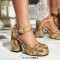 Round Toe Ankle Buckle Straps Chunky Heels Dorsay Snake Print Sandals - Yellow Faux Leather