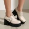 Square Toe Mary Janes Buckle Straps Chunky Heels Platforms Loafers  - Beige Patent