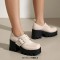 Square Toe Mary Janes Buckle Straps Chunky Heels Platforms Loafers  - Beige Patent