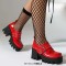 Square Toe Mary Janes Buckle Straps Chunky Heels Platforms Loafers  - Red Patent