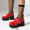 Square Toe Mary Janes Buckle Straps Chunky Heels Platforms Loafers  - Red Patent