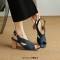 Fishmouth Peep Toe Cross Design Slingback Chunky Heels Sandals - Blue Denim