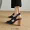 Fishmouth Peep Toe Cross Design Slingback Chunky Heels Sandals - Blue Denim