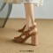 Fishmouth Peep Toe Cross Design Slingback Chunky Heels Sandals - Brown Denim