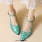Pointed Toe Chunky Heels Ankle Buckle Straps Geometric Design Sandals - Black Faux Leather