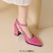 Pointed Toe Chunky Heels Ankle Buckle Straps Geometric Design Sandals - Rose Faux Leather