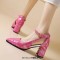 Pointed Toe Chunky Heels Ankle Buckle Straps Geometric Design Sandals - Rose Faux Leather