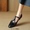Round Toe Heart Decorated Vintage T Mary Janes Straps Kitten Heels Sandals - Black Faux Leather
