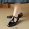 Round Toe Heart Decorated Vintage T Mary Janes Straps Kitten Heels Sandals - Black Faux Leather