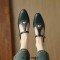 Round Toe Heart Decorated Vintage T Mary Janes Straps Kitten Heels Sandals - Green Faux Leather