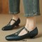 Round Toe Heart Decorated Vintage T Mary Janes Straps Kitten Heels Sandals - Green Faux Leather
