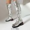 Round Toe Platforms Side Zipper Lace Up Knee Highs Bling Style Boots - Silver Sequined Cloth