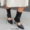 Pointed Toe Summer Sock Mid Calf Stiletto Heels Back Zipper Booties - Black Faux Leather