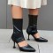 Pointed Toe Summer Sock Mid Calf Stiletto Heels Back Zipper Booties - Black Faux Leather