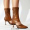 Pointed Toe Summer Sock Mid Calf Stiletto Heels Back Zipper Booties - Brown Faux Leather
