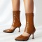 Pointed Toe Summer Sock Mid Calf Stiletto Heels Back Zipper Booties - Brown Faux Leather