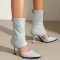 Pointed Toe Summer Sock Mid Calf Stiletto Heels Back Zipper Booties - LightGreen Faux Leather
