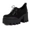 Square Toe Lace Up Chunky Heels Platforms Patchwork Loafers  - Black Flock
