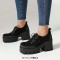 Square Toe Lace Up Chunky Heels Platforms Patchwork Loafers  - Black Flock