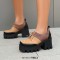 Square Toe Lace Up Chunky Heels Platforms Patchwork Loafers  - Brown Flock